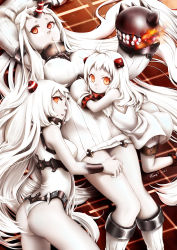 Rule 34 | 10s, 3girls, abyssal ship, ahoge, airfield princess, armpits, ass, boots, breasts, claws, colored skin, dress, girl sandwich, highres, horns, kantai collection, knee boots, large breasts, long hair, looking at viewer, lying, lying on person, mittens, multiple girls, northern ocean princess, orange eyes, plane (planetw2002), red eyes, ribbed dress, sandwiched, seaport princess, short dress, single horn, white dress, white footwear, white hair, white skin