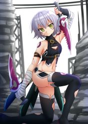 Rule 34 | 1girl, armpits, bandaged arm, bandages, black panties, black thighhighs, blood, blood from mouth, cuts, fate/apocrypha, fate (series), from side, frown, highres, injury, jack the ripper (fate/apocrypha), kazenokaze, looking at viewer, on one knee, panties, short hair, solo, thighhighs, underwear, v-shaped eyebrows