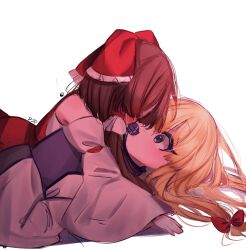 Rule 34 | 2girls, absurdres, blonde hair, blush, bow, brown hair, commentary request, detached sleeves, hair bow, hakurei reimu, highres, indirect kiss, korean commentary, long hair, long sleeves, looking at another, lying, multiple girls, on back, purple eyes, red bow, red vest, simple background, tohou89, touhou, vest, white background, white sleeves, wide sleeves, yakumo yukari, yuri