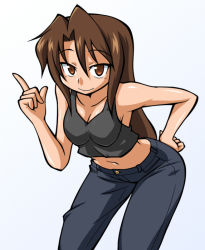 Rule 34 | 1girl, bad id, bad pixiv id, bent over, breasts, brown eyes, brown hair, casual, chiki (chikibw), denim, hand on own hip, hands on own hips, hip focus, jeans, large breasts, leaning forward, long hair, midriff, navel, original, pants, solo, tank top