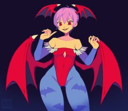 Rule 34 | 1girl, animal print, bat print, blue background, covered navel, demon girl, demon wings, flat chest, hands up, head wings, highres, joanna went bananas, leotard, lilith aensland, open mouth, pantyhose, purple eyes, red eyes, short hair, smile, solo, thick thighs, thighs, vampire (game), wide hips, wings