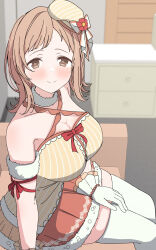 Rule 34 | 1girl, arimon (dfrgty12), bare shoulders, beret, blush, breasts, brown hair, cleavage, feet out of frame, fur-trimmed skirt, fur armlet, fur choker, fur trim, gloves, hat, highres, idolmaster, idolmaster shiny colors, indoors, large breasts, looking at viewer, mini hat, orange skirt, sakuragi mano, shirt, sitting, skirt, smile, solo, striped clothes, striped headwear, thighhighs, tilted headwear, white gloves, white thighhighs, yellow shirt