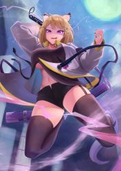 Rule 34 | 1girl, absurdres, animal ears, arknights, bad id, bad pixiv id, blonde hair, breasts, highres, hitsuji no rice, holding, holding sword, holding weapon, huge filesize, jumping, large breasts, long sleeves, looking at viewer, nail polish, navel, purple eyes, short hair, solo, sword, tail, thighhighs, tongue, tongue out, utage (arknights), weapon
