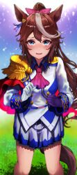 Rule 34 | 1girl, absurdres, animal ears, ascot, black gloves, blue eyes, blush, bow, brown hair, buttons, cape, confetti, cowboy shot, double-breasted, ear ornament, epaulettes, gloves, highres, horse ears, horse girl, horse tail, jacket, long sleeves, looking at viewer, mamo (user jjca7524), multicolored hair, pink ascot, pink bow, red cape, side cape, single epaulette, solo, streaked hair, tail, tokai teio (umamusume), umamusume, white gloves, white jacket