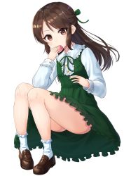 Rule 34 | 1girl, blush, bobby socks, brown eyes, brown footwear, brown hair, collared shirt, commentary request, covered mouth, dress, food, frilled shirt, frilled shirt collar, frilled sleeves, frills, green dress, half updo, highres, holding, holding food, idolmaster, idolmaster cinderella girls, loafers, long hair, long sleeves, looking at viewer, macaron, pigeon-toed, rangen, shirt, shoes, sidelocks, sitting, sleeveless, sleeveless dress, socks, solo, tachibana arisu, white shirt, white socks