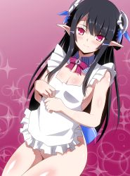 Rule 34 | 1girl, anette (pso2), apron, black hair, blush, bottomless, breasts, detached collar, dutch angle, hair ornament, hairclip, hara (harayutaka), highres, long hair, looking at viewer, naked apron, phantasy star, phantasy star online 2, pointy ears, red eyes, small breasts, smile, solo, sparkle