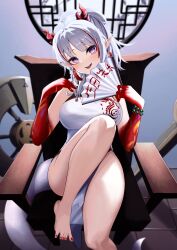 Rule 34 | 1girl, :d, absurdres, arknights, bare shoulders, barefoot, breasts, china dress, chinese clothes, commentary, dress, feet, folding fan, foot out of frame, half updo, hand fan, head tilt, highres, holding, holding fan, horns, knee up, large breasts, legs, long hair, looking at viewer, multicolored hair, nail polish, nian (arknights), nian (unfettered freedom) (arknights), official alternate costume, open mouth, purple eyes, red hair, red nails, sleeveless, sleeveless dress, smile, solo, spread toes, streaked hair, tail, toenail polish, toenails, toes, white dress, white hair, yan kodiac