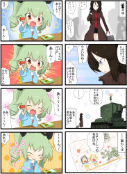 Rule 34 | 3girls, 4koma, :d, aged down, anchovy (girls und panzer), arm support, arm up, bento, black coat, black hair, black ribbon, black skirt, blonde hair, blue eyes, blue shirt, blush stickers, briefcase, closed eyes, coat, comic, drawing, drill hair, eating, fang, food, food art, fork, girls und panzer, green hair, green jumpsuit, hair ribbon, highres, holding, holding fork, jinguu (4839ms), jumpsuit, katyusha (girls und panzer), kindergarten uniform, kv-2, leaning forward, long hair, long sleeves, military, military vehicle, miniskirt, motor vehicle, multiple 4koma, multiple girls, nonna (girls und panzer), open clothes, open coat, open mouth, patch, pleated skirt, pravda military uniform, red eyes, red shirt, ribbon, shirt, short hair, short jumpsuit, skin fang, skirt, smile, standing, star (symbol), starry background, swept bangs, tako-san wiener, tank, translation request, twin drills, twintails, v-shaped eyebrows, yellow background, yellow skirt