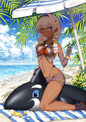 Rule 34 | 1girl, ankle boots, bad id, bad pixiv id, bare shoulders, beach, beach towel, beach umbrella, black footwear, black vest, blue sky, blunt bangs, blush, boots, braid, breasts, brooklyn (warship girls r), collarbone, dark-skinned female, dark skin, day, diagonal stripes, douya (233), earrings, elbow gloves, full body, glint, gloves, grey gloves, hair intakes, holding, horizon, inflatable dolphin, inflatable toy, jewelry, looking at viewer, lotion, medium breasts, navel, ocean, outdoors, palm tree, plant, sand, shadow, shore, sky, solo, stomach, straddling, striped, stud earrings, summer, sun lotion, sunlight, sunscreen, sweatdrop, swimsuit, towel, tree, twin braids, umbrella, upright straddle, vest, warship girls r, water, waves, wrist cuffs