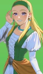 Rule 34 | 1girl, blonde hair, dragon quest, dragon quest xi, dress, earrings, green background, green hairband, hairband, highres, jewelry, jimaku 726, long hair, looking at viewer, necklace, purple eyes, senya (dq11), simple background, smile, solo, upper body