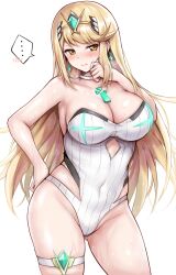 Rule 34 | ..., 1girl, averting eyes, bare shoulders, blonde hair, blush, breasts, cleavage, closed mouth, commentary request, core crystal (xenoblade), covered navel, cutout above navel, earrings, gluteal fold, hand on own hip, highleg, highleg swimsuit, highres, jewelry, large breasts, long hair, mythra (radiant beach) (xenoblade), mythra (xenoblade), one-piece swimsuit, partial commentary, r-binon, solo, spoken blush, spoken ellipsis, star (symbol), star earrings, strapless, strapless one-piece swimsuit, swept bangs, swimsuit, thigh strap, tiara, very long hair, wet, white background, white one-piece swimsuit, xenoblade chronicles (series), xenoblade chronicles 2, yellow eyes