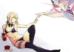 Rule 34 | 1boy, 1girl, artoria pendragon (alter swimsuit rider) (fate), artoria pendragon (alter swimsuit rider) (second ascension) (fate), artoria pendragon (fate), bikini, black bikini, black thighhighs, blonde hair, breasts, cloak, detached collar, drink, drinking straw, fate/grand order, fate (series), fine art parody, food, food in mouth, fou (fate), french fries, glowing, glowing eye, highres, hood, hooded cloak, i-pan, long hair, merlin (fate), middle finger, navel, open mouth, parody, ponytail, sitting, swimsuit, tears, the creation of adam, thigh strap, thighhighs, white hair