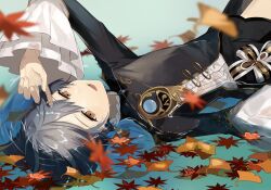 Rule 34 | 1boy, :d, autumn leaves, black coat, blue hair, blurry, chinese clothes, coat, depth of field, earrings, falling leaves, frilled sleeves, frills, genshin impact, hair between eyes, hand up, highres, in water, jewelry, leaf, long coat, long sleeves, looking at viewer, lying, male focus, on back, open mouth, shirt, short hair, single earring, smile, solo, tassel, tassel earrings, wet, wet clothes, white shirt, wide sleeves, xingqiu (genshin impact), yellow eyes, yoko (nz g)