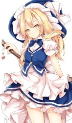 Rule 34 | 1girl, apron, bad id, bad twitter id, blonde hair, blue bow, blue bowtie, blue skirt, blue vest, blush, bow, bowtie, broom, closed mouth, collared shirt, cowboy shot, frilled skirt, frills, frown, hair between eyes, hat, hat bow, highres, hopeless masquerade, kirisame marisa, long hair, looking at viewer, maremay0513, puffy short sleeves, puffy sleeves, shirt, short sleeves, sidelocks, skirt, solo, star (symbol), touhou, urban legend in limbo, vest, waist apron, white bow, white shirt, witch hat, yellow eyes