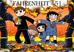 Rule 34 | &gt; &lt;, 1boy, 2others, 3girls, ambiguous gender, bernard-jou iwaku., black coat, black eyes, black footwear, black gloves, black hair, black jacket, black pants, black socks, blazer, blue jacket, blue skirt, blunt bangs, blush, book burning, bookshelf, boots, brown hair, burning paper, closed mouth, coat, commentary request, copyright name, endou (bernard-jou iwaku.), english text, fahrenheit 451, fire, flamethrower, frown, gakuran, glasses, gloves, hasegawa sumika, head out of frame, holding, holding weapon, hugging object, jacket, kanbayashi shiori, kneeling, library, long hair, long sleeves, looking at another, low twintails, machida sawako, multiple girls, multiple others, necktie, no pupils, no sclera, open mouth, outstretched arms, pants, parody, pile of books, pleated skirt, protecting, red necktie, scared, school uniform, serious, shoes, short hair, skirt, smoke, socks, spread arms, standing, twintails, v-shaped eyebrows, very short hair, weapon, white eyes, white footwear, y-take-it