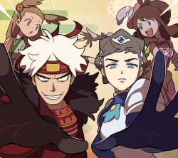 Rule 34 | 1boy, 3girls, :d, :o, armor, breastplate, brown eyes, brown hair, commentary, creatures (company), diantha (pokemon), diantha (special costume) (pokemon), eyelashes, eyeshadow, game freak, gloves, green kimono, grin, guzma (pokemon), guzma (special costume) (pokemon), hair ornament, hat, headband, hilda (pokemon), hilda (special costume) (pokemon), japanese clothes, jasmine (pokemon), jasmine (special costume) (pokemon), kimono, long hair, looking at viewer, makeup, multiple girls, nintendo, official alternate costume, open mouth, parted lips, pink headwear, pokemon, pokemon masters ex, red headband, short hair, shoulder armor, sidelocks, smile, ssalbulre, teeth, tongue, upper teeth only, white hair
