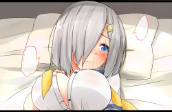 Rule 34 | 10s, 1girl, absurdres, blank speech bubble, blue eyes, blush, breasts, covered erect nipples, female focus, hair ornament, hair over one eye, hairclip, hamakaze (kancolle), highres, kantai collection, large breasts, letterboxed, lying, neckerchief, on back, on bed, open clothes, open shirt, pillow, saku (kudrove), shirt, silver hair, solo, speech bubble, upper body, yellow neckerchief