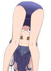 Rule 34 | 10s, 1girl, :3, anime screenshot, ass, blue hair, blush, breasts, closed eyes, female focus, groin, hinako note, kneepits, looking through own legs, natsukawa kuina, simple background, small breasts, smile, solo, swimsuit, thighs, white background, yellow eyes