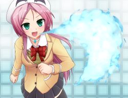 Rule 34 | 1girl, aqua eyes, black thighhighs, blazer, blush, breasts, breath weapon, breathing fire, dra+koi, fang, female focus, fire, go n-san, hat, heroine (dra+koi), jacket, large breasts, long hair, looking at viewer, open mouth, pink hair, school uniform, skirt, slit pupils, smile, solo, thighhighs