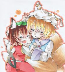 Rule 34 | 2girls, animal ears, arm grab, blonde hair, blush stickers, brown hair, cat ears, cat girl, cat tail, chen, closed eyes, earrings, female focus, fox tail, hand on another&#039;s chest, hand on another&#039;s head, hat, hat with ears, jewelry, marker (medium), millipen (medium), multiple girls, multiple tails, open hand, open mouth, outline, outstretched arm, parted lips, ponpoko, short hair, simple background, single earring, skirt, tail, tassel, touhou, traditional media, vest, white background, yakumo ran