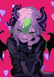 Rule 34 | 1girl, absurdres, apricot the lich, apricot the lich (8th costume), black hoodie, black nails, blush, cropped hoodie, demon girl, demon horns, demon wings, green eyes, green hair, head rest, heart, heart background, highres, hood, hoodie, horn piercing, horns, looking at viewer, medium hair, mochimochi 589, multicolored hair, nail polish, pink background, smile, streaked hair, virtual youtuber, vshojo, wings