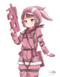 Rule 34 | 1girl, animal ears, animal hat, artist name, blush, brown hair, bullpup, commentary request, fur trim, gloves, gun, hat, highres, holding, jacket, llenn (sao), long sleeves, looking at viewer, p-chan (p90), p90, pants, pink gloves, pink hat, rabbit ears, short hair, signature, simple background, smile, solo, submachine gun, sword art online, sword art online alternative: gun gale online, weapon, white background, yumoto motoyu