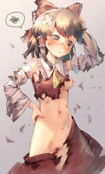 Rule 34 | 1girl, ascot, black hair, blush, bow, breasts, censored, closed mouth, detached sleeves, dirty, female pubic hair, frilled shirt collar, frills, gradient background, grey background, groin, hair bow, hair tubes, hakurei reimu, hand on own head, highres, japanese clothes, large bow, miko, navel, nipples, one breast out, pubic hair, pussy, red bow, sidelocks, skirt, small breasts, solo, spoken squiggle, squiggle, torn bow, torn clothes, torn skirt, torn sleeves, touhou, yawdeone, yellow ascot
