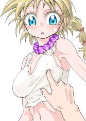 Rule 34 | 1girl, :o, blonde hair, blue eyes, blush, breast poke, breasts, chrono cross, cleavage, commentary request, covered erect nipples, jewelry, kid (chrono cross), long hair, multi-tied hair, necklace, open mouth, pearl necklace, poking, s-a-murai, solo focus, tank top
