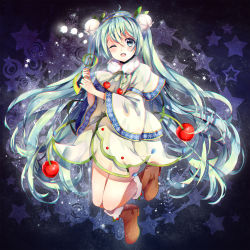 Rule 34 | 1girl, ;d, aqua eyes, aqua hair, boots, brown footwear, cherry, flower, food, fruit, fur boots, hatsune miku, highres, lily of the valley, long hair, one eye closed, open mouth, smile, snowdrop (flower), solo, teka, twintails, very long hair, vocaloid, yuki miku