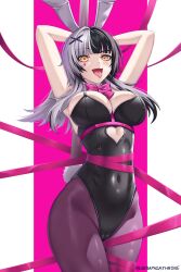 Rule 34 | 1girl, animal ears, bare shoulders, black hair, black leotard, blush, bow, bowtie, breasts, clothing cutout, covered navel, cutout above navel, fake animal ears, grey hair, hair ornament, heart cutout, highres, hololive, hololive english, large breasts, leotard, long hair, looking at viewer, multicolored hair, open mouth, playboy bunny, pole, rabbit ears, rabbit hole (vocaloid), seraphim throne, shiori novella, solo, split-color hair, stripper pole, teardrop facial mark, tongue, tongue out, two-tone hair, virtual youtuber, x hair ornament, yellow eyes