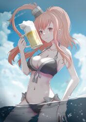 Rule 34 | 1girl, alternate costume, beer mug, bikini, black bikini, blue sky, breasts, brown eyes, brown hair, cleavage, cloud, cloudy sky, commentary request, cowboy shot, cup, front-tie bikini top, front-tie top, highres, holding, holding cup, kantai collection, large breasts, long hair, mug, navel, neve (morris-minicooper), ocean, outdoors, partially submerged, saratoga (kancolle), side-tie bikini bottom, signature, sky, smile, smokestack hair ornament, solo, swimsuit, water
