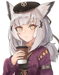 Rule 34 | 1girl, animal ears, arknights, armband, black hat, blush, commentary request, cup, disposable cup, drinking straw, hair ornament, hat, highres, holding, holding cup, jacket, kashiyarrm, long hair, long sleeves, official alternate costume, orange eyes, owl ears, ptilopsis (arknights), ptilopsis (serenity) (arknights), purple jacket, rhine lab logo, ribbed sweater, silver hair, simple background, solo, sweater, turtleneck, turtleneck sweater, white background