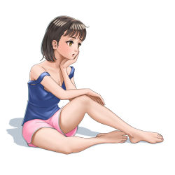 Rule 34 | 1girl, absurdres, arm on knee, barefoot, bob cut, brown eyes, brown hair, commentary, hand on own chin, highres, kisugizumi, knee up, looking ahead, loungewear, off shoulder, open mouth, original, pink shorts, shadow, short hair, short shorts, shorts, simple background, solo, strap slip, tank top, white background