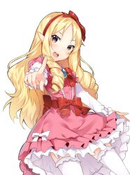 Rule 34 | 10s, 1girl, blonde hair, blush, bow, brown eyes, commentary request, dress, drill hair, duji amo, eromanga sensei, hair bow, hairband, highres, lolita fashion, long hair, looking at viewer, open mouth, pointing, pointing at viewer, pointy ears, simple background, solo, thighhighs, twin drills, usagihime, very long hair, white background, white thighhighs, yamada elf, zettai ryouiki