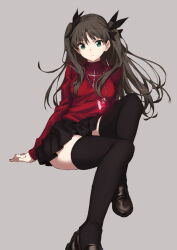 Rule 34 | 1girl, black hair, black thighhighs, fate/stay night, fate (series), green eyes, hair ribbon, jewelry, loafers, long hair, long sleeves, looking at viewer, necklace, pendant, photoshop (medium), ribbon, saitou masatsugu, shirt, shoes, sitting, skirt, solo, thighhighs, tohsaka rin, two side up, very long hair, zettai ryouiki