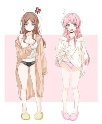 2girls anger_vein bang_dream! bang_dream!_it&#039;s_mygo!!!!! bite_mark bite_mark_on_thigh black_panties blue_eyes border breasts brown_cardigan brown_hair camisole cardigan chihaya_anon cleavage closed_mouth commentary_request gluteal_fold grey_eyes hickey highres hood hood_down hoodie long_hair multiple_girls nagasaki_soyo open_cardigan open_clothes open_mouth panties pink_background pink_hair pink_panties porinki sidelocks slippers standing teeth three-quarter_sleeves underwear upper_teeth_only white_border white_camisole white_hoodie yuri