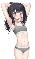 Rule 34 | 1girl, absurdres, armpits, arms behind head, arms up, bare arms, bare shoulders, black hair, blush, bra, breasts, collarbone, grey bra, grey panties, hair tie, hair tie in mouth, highres, long hair, looking at viewer, mouth hold, navel, nedia (nedia region), original, panties, ponytail, purple eyes, sidelocks, simple background, small breasts, solo, training bra, tying hair, underwear, underwear only, white background