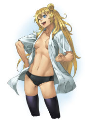 Rule 34 | 1girl, bandaid, bandaid on face, bandaid on nose, black panties, black thighhighs, blonde hair, blue eyes, breasts, chyko, clenched hand, cowboy shot, cropped legs, fictional persona, hair bun, hand on own hip, highres, hip focus, long hair, lowleg, lowleg panties, muscular, navel, no pants, one eye closed, open clothes, open mouth, open shirt, original, panties, self-portrait, shirt, single hair bun, skindentation, smile, solo, thighhighs, underwear, wink