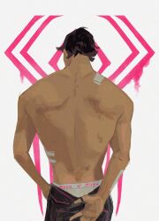 Rule 34 | 1boy, bandaged chest, broad shoulders, dark-skinned male, dark skin, from behind, highres, male focus, male underwear, male underwear peek, marion bordeyne, marvel, miguel o&#039;hara, muscular, muscular male, narrow waist, short hair, solo, spider-man: across the spider-verse, spider-man (series), spider-verse, topless male, underwear