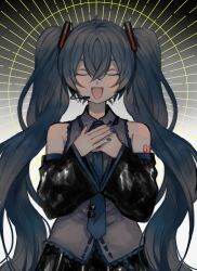 Rule 34 | 1girl, black skirt, blue hair, blue nails, blue necktie, closed eyes, collared shirt, detached sleeves, hands on own chest, hatsune miku, highres, long hair, microphone, minazuki (0038), music, nail polish, necktie, shirt, singing, skirt, solo, twintails, very long hair, vocaloid