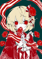Rule 34 | 1girl, absurdres, ascot, blonde hair, flower, hair flower, hair ornament, hair ribbon, highres, holding, holding flower, japanese clothes, red eyes, ribbon, rumia, short hair, solo, touhou, upper body, zhixie jiaobu