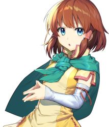 Rule 34 | 1girl, blue eyes, brown hair, fire emblem, fire emblem: path of radiance, gloves, hair tubes, mist (fire emblem), nintendo, open mouth, scarf, short hair, simple background, smile, solo, tdob mk2, white background