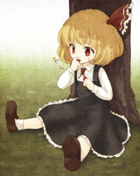 Rule 34 | 1girl, ascot, bad id, bad pixiv id, black dress, blonde hair, child, dress, eating, female focus, hair ribbon, long sleeves, outdoors, red eyes, revision, ribbon, rumia, shoes, short hair, sitting, socks, solo, touhou, tree, under tree, urin