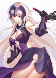 Rule 34 | 1girl, ass, bare shoulders, between breasts, blonde hair, breasts, brown eyes, chain, cleavage, dutch angle, fate/grand order, fate (series), gloves, grin, headpiece, highres, jeanne d&#039;arc (fate), jeanne d&#039;arc alter (avenger) (fate), jeanne d&#039;arc alter (avenger) (third ascension) (fate), jeanne d&#039;arc alter (fate), large breasts, long hair, ryuubou, side slit, smile, solo, sword, thighs, weapon, white background