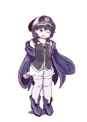 Rule 34 | 1other, androgynous, arrow print, bare shoulders, black eyes, black hat, black shirt, boots, chikafumikou, collared shirt, commentary request, eyelashes, frilled headwear, frilled shorts, frills, full body, hat, jacket, knees, len&#039;en, long sleeves, looking at viewer, mob cap, one eye closed, open clothes, open jacket, open mouth, other focus, purple footwear, purple hair, purple jacket, purple thighhighs, shadow, shirt, shitodo kuroji, short hair, shorts, simple background, sleeveless, sleeveless jacket, smile, solo, thighhighs, triangular headpiece, white background, white shorts, wide sleeves, zipper pull tab