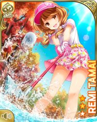 Rule 34 | 1girl, :d, bare legs, brown eyes, brown hair, card (medium), day, girlfriend (kari), golf, golf club, golf course, looking at viewer, low twintails, official art, open mouth, outdoors, pink skirt, qp:flapper, shirt, skirt, smile, solo, splashing, standing, tagme, tamai remi, twintails, water, white shirt