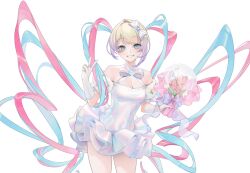 Rule 34 | 1girl, bare shoulders, blonde hair, blue eyes, blue hair, bouquet, breasts, chouzetsusaikawa tenshi-chan, cleavage, commentary, dress, facing viewer, flower, gloves, highres, holding, holding bouquet, long hair, looking at viewer, multicolored hair, needy girl overdose, ohisashiburi, pink flower, pink hair, pink tulip, smile, standing, thighs, tulip, twintails, upper body, v, very long hair, white background, white dress, white gloves, white theme