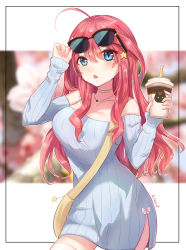 Rule 34 | 1girl, ahoge, arm up, bag, blush, breasts, choker, collarbone, commentary request, cowboy shot, dress, drink, eyewear on head, unworn eyewear, go-toubun no hanayome, hair between eyes, hair ornament, hand up, handbag, highres, holding, holding drink, holding removed eyewear, jewelry, large breasts, long hair, naimiaomiaomiaomiao, nakano itsuki, necklace, off-shoulder sweater, off shoulder, open mouth, ribbed sweater, signature, sleeves past wrists, solo, star (symbol), star hair ornament, sweater, sweater dress, thighhighs, white thighhighs, yellow bag