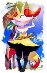 Rule 34 | 1girl, absurdres, animal ear fluff, animal ears, animal feet, animal nose, arm up, black fur, blue sky, body fur, border, braixen, closed mouth, clothed pokemon, cloud, creatures (company), day, female focus, flat chest, fox ears, fox girl, fox tail, full body, furry, furry female, game freak, gen 6 pokemon, happy, highres, lens flare, looking to the side, multicolored fur, neck fur, nintendo, outdoors, outside border, palm tree, pokemon, pokemon (creature), red eyes, red sarong, sarong, sky, smile, snout, solo, standing, striped clothes, striped sarong, tail, tree, walking, white border, white fur, yellow fur, zigrock