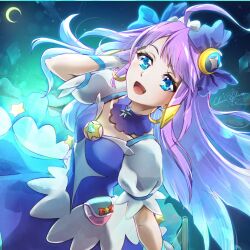 Rule 34 | 1girl, ahoge, blue eyes, choker, clear glass (mildmild1311), crescent, crescent earrings, cure selene, dress, earrings, gradient background, green dress, hair ornament, heart pouch, highres, jewelry, looking at viewer, magical girl, open mouth, precure, puffy sleeves, purple choker, purple dress, purple hair, rainbow skirt, smile, solo, star (symbol), star choker, star color pen, star color pendant, star hair ornament, star twinkle precure